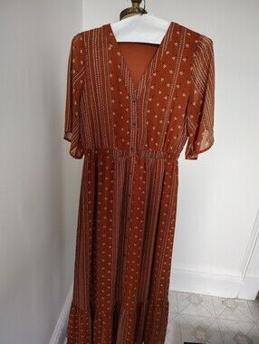 Roolee Rust-Striped & Dot V‑Neck Maxi Dress